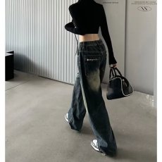 批发美式复古设计感<b class='q'>牛仔裤</b>女春秋大码胖mm高腰显瘦垂感直筒阔腿拖地裤
