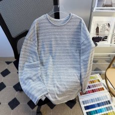 批发春秋季复古百搭宽松毛边圆领条纹长袖T恤打底衫<b class='q'>男</b>百搭斑马纹<b class='q'>体恤</b>