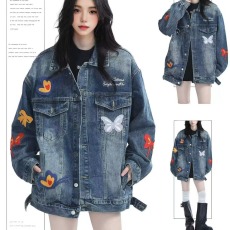 批发美式高街蝴蝶刺绣水洗<b class='q'>牛仔外</b><b class='q'>套男</b>女春秋新款嘻哈高级休闲复古夹克