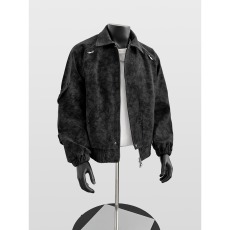 批发复古扎染立领PU皮衣外套<b class='q'>男装</b>美式高级感痞帅廓形皮夹克机车风工装