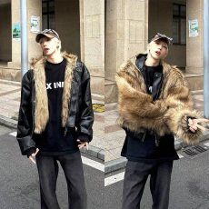 批发美式高级感夹克棉服男冬季加绒加厚双面穿皮毛一体外套男