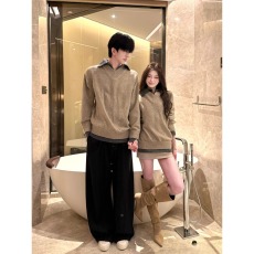 批发老钱风假两件V领毛衣男女情侣装秋冬季宽松休闲高智感英伦针织衫