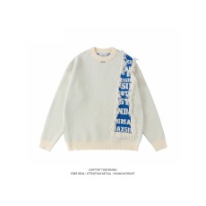 批发美式复古小众设计感破坏感拼接毛衣男女慵懒风情侣装针织线衣