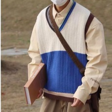 批发无袖v领针织<b class='q'>背心</b><b class='q'>男</b>春秋款外穿马甲ins原宿风撞色日系情侣复古毛衣