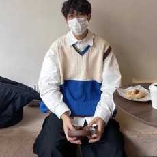 批发无袖v领针织<b class='q'>背心</b><b class='q'>男</b>春秋款外穿马甲ins原宿风撞色日系情侣复古毛衣