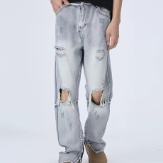 批发美式高街vibe风破洞潮牌嘻哈拉链裤脚开叉刮烂乞丐牛仔裤男<b class='q'>修身</b>夏