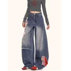 批发复古水洗贴布刺绣<b class='q'>牛仔</b>灯笼裤女春秋胖mm宽松显瘦哈伦老爹裤