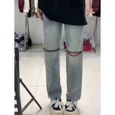 批发2025新款美式复古牛仔裤<b class='q'>男</b>潮牌春秋膝盖拉链装饰设计款修身<b class='q'>小脚裤</b>