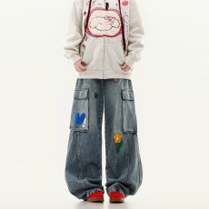 批发2025秋季新款炒色复古<b class='q'>牛仔</b>裤刺绣个性贴布裤女宽松大码哈伦松紧腰