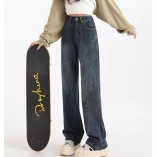 批发美式复古拼接牛仔<b class='q'>裤</b>女秋季秋冬2025新款<b class='q'>欧美</b>高街vibe微喇叭直筒<b class='q'>裤</b>