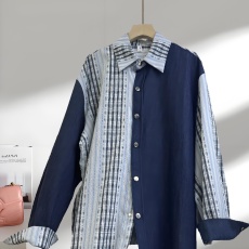 批发格子拼接牛仔衬衫女小众设计感街头港风潮牌大码宽松长袖衬衣开衫