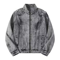 批发重工解构拼接设计垫肩牛仔长袖外<b class='q'>套男</b>女廓形拉链立领cleanfit夹克