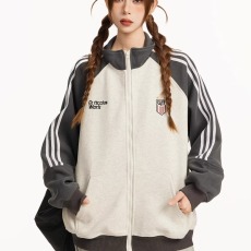 批发撞色条插肩袖立领开衫<b class='q'>卫衣</b>女2025冬<b class='q'>潮牌</b>时尚宽松情侣休闲夹克外套