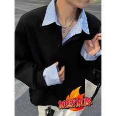 批发春秋美式潮牌假两件<b class='q'>衬衫</b>领卫衣男女重磅宽松休闲百搭情侣加绒上衣