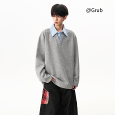 批发格子撞色假两件设计<b class='q'>男装</b>2025秋新款韩版宽松<b class='q'>衬衫</b>领套对卫衣