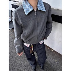 批发深灰色美式暗条纹可拆卸双领西装夹克<b class='q'>男</b>款秋季高级感短款正肩外套