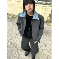 批发深灰色美式暗条纹可拆卸双领西装夹克<b class='q'>男</b>款秋季高级感短款正肩外套