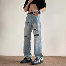 批发美式腰果花高街破洞牛仔裤男款水洗做旧微喇长裤<b class='q'>修身</b>显瘦休闲裤子