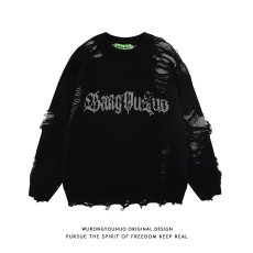 批发大码港风圆领毛衣<b class='q'>男装</b>秋冬季破洞款宽松小众ins风打底针织衫