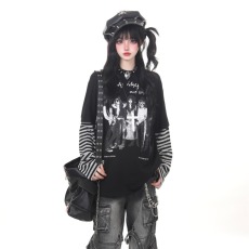 批发ins秋季美式复古假两件人物条纹印花长袖T恤<b class='q'>男</b>女休闲宽松上衣套头