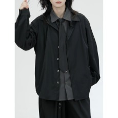 批发chic盐系韩风穿搭黑色长袖<b class='q'>衬衫</b><b class='q'>男</b>款假两件拼接领带设计感短款上衣