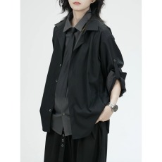 批发chic盐系韩风穿搭黑色长袖<b class='q'>衬衫</b><b class='q'>男</b>款假两件拼接领带设计感短款上衣