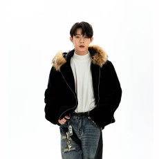 批发美式复古座山雕毛领外套男女小众设计感工装棉服夹克潮