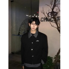 批发<b class='q'>韩版</b>潮牌黑色条纹拼接衬衫外套男士秋季痞帅高级感假两件<b class='q'>开衫</b>卫衣