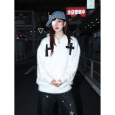 批发重磅痞帅十字花毛绒绒连帽毛衣外套男女情侣装秋冬潮牌宽松<b class='q'>针织衫</b>