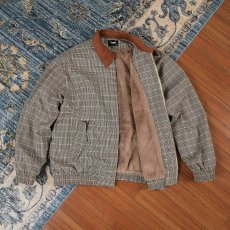 批发秋季新款撞色皮领蓝色格子夹克外套<b class='q'>男士</b>宽松复古垫肩拉链上衣