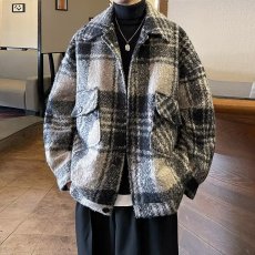 批发美式复古格子毛呢外套<b class='q'>男</b>棉服秋冬<b class='q'>男</b>女加厚休闲翻领情侣装<b class='q'>衬衫</b>