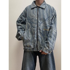 批发美式街头波点撞色翻领牛仔夹克男秋季水洗做旧痞帅百搭开衫外套潮