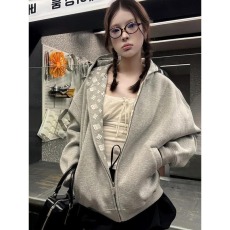 2025秋冬新款灰色开衫连帽卫衣女宽松休闲棒球服短款美式运动外套