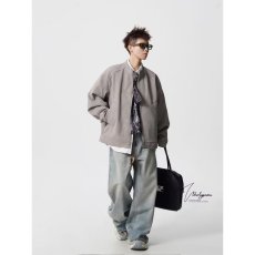 批发日系<b class='q'>男装</b>复古纯色无领外套宽松松弛感中性风皮衣夹克上衣男新款