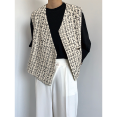 批发千鸟格小香风坎肩V领马甲男生<b class='q'>韩版</b>设计感外套无袖背心马夹外搭潮