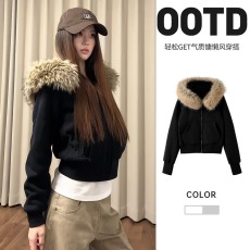 批发美式毛领连帽开衫<b class='q'>卫衣</b>女宽松拉链慵懒风2025秋季百搭灰色<b class='q'>短款</b>外套