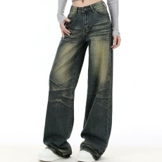 批发<b class='q'>韩国</b>秋季复古个性磨白字母印花高腰百搭做旧阔腿<b class='q'>牛仔裤</b>长裤女