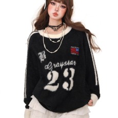 秋冬美式复古仿貂毛三条杠毛衣男女潮牌运动慵懒风针织衫外套