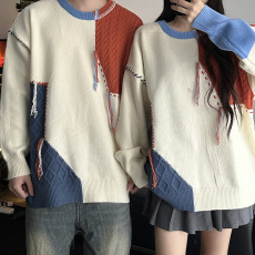 2025秋冬麻花补丁拼接毛衣街头嘻哈流苏系带圆领针织衫男