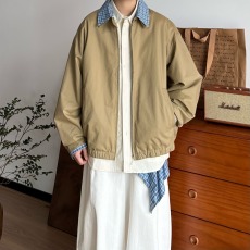批发美式vibe日系复古格子拼接翻领夹克<b class='q'>外套</b>男女宽松休闲百搭工装上衣