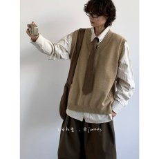 批发春秋套装日系复古简约V领毛衣背心男女学院风宽松叠穿无袖针织衫