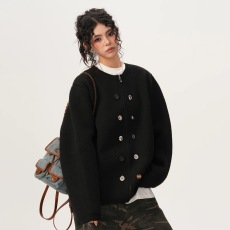 批发韩系小众设计感宽松针织开衫纽扣装饰纯色圆领毛衣小香风外套男女