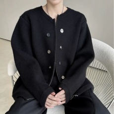 批发韩系小众设计感宽松针织开衫纽扣装饰纯色圆领毛衣小香风外套男女