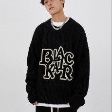 批发美式宽松字母绣花毛衣男秋冬新款慵懒风<b class='q'>中长款</b>针织衫圆领INS上衣