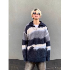 批发美式覆古不规则撞色条纹毛衣<b class='q'>男</b>女秋冬新款慵懒风彷貂polo领针织衫