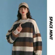 批发毛衣<b class='q'>男</b>秋冬日系撞色条纹圆领衫针织衫复古打底衫宽松慵懒风毛线衣