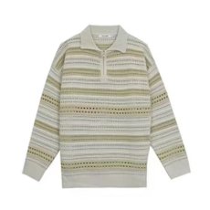 批发秋季美式复古条纹毛衣<b class='q'>男</b>设计感长袖POLO衫慵懒风镂空半拉链针织衫