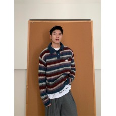 批发美式慵懒覆古宽松polo领条纹毛衣<b class='q'>男</b>女秋冬老钱风新款翻领上衣潮流