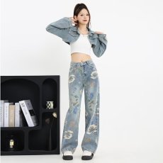 批发原创秋季<b class='q'>新款</b>美式复古印花阔腿牛仔裤女早秋小众设计直筒拖地裤