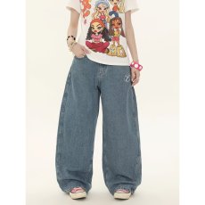 批发设计感刺绣阔腿弯刀裤女早春<b class='q'>新款</b>美式复古高腰宽松显瘦牛仔裤男女